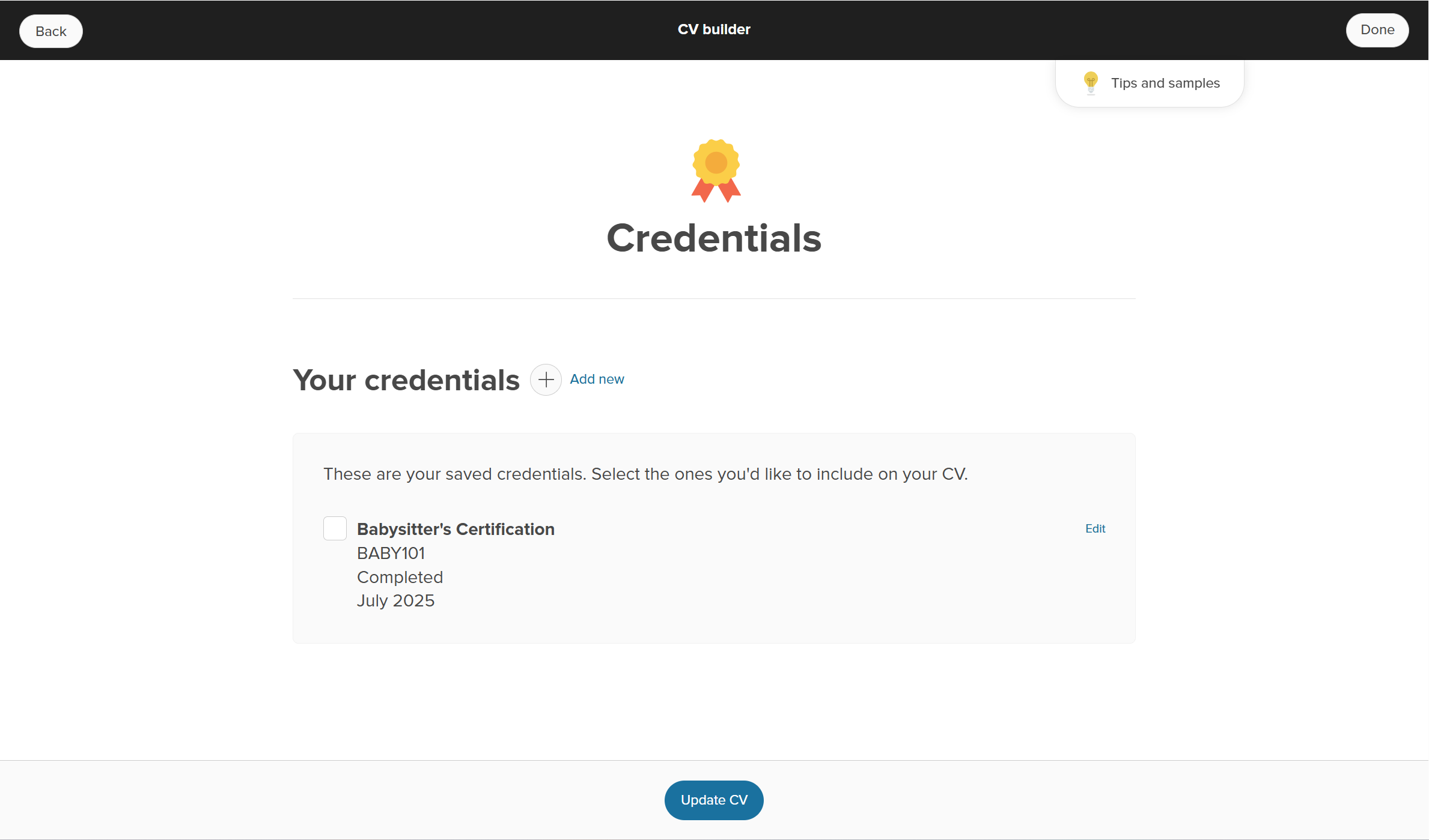Resume Builder is open to the Credentials section. There is a list called "Your credentials" with existing credentials and the option to add a new one. When done, they click Update resume.
